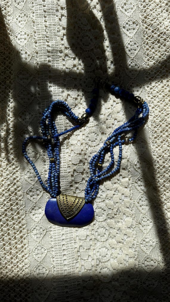 1970s/80s Beaded Lapis and Brass Necklace | Length: 19"