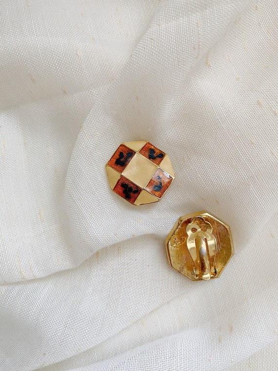 Vintage Enamel and Gold Checkered Clip-On Studs