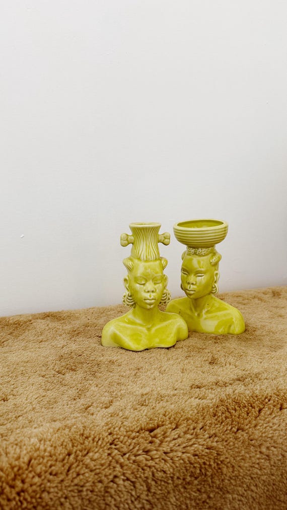 Vintage Celadon Green Nubian Figure Vases