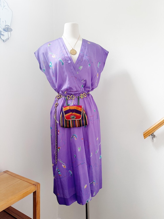 1980s Abstract Purple Wrap Dress | Size M