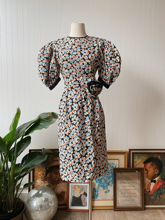 Vintage Bill Blass Puff Sleeve Rosette Dress | Size 6