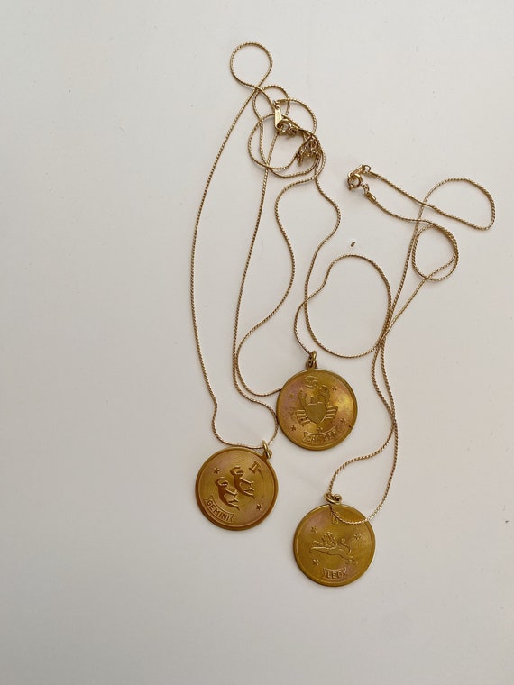 Vintage 1970s Rare Large Brass Zodiac Coin Disc Charm Necklace