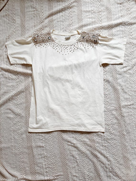 80s 90s Bejeweled Off White Tee | Size M/LG