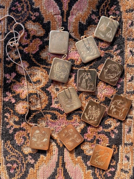 Vintage Brass Rectangular Zodiac Necklace