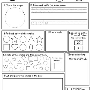 May include: A black and white educational worksheet titled All About the Circle featuring nine tasks for students. The page includes tracing exercises, shape identification, counting activities, and a cut and paste section with various objects.