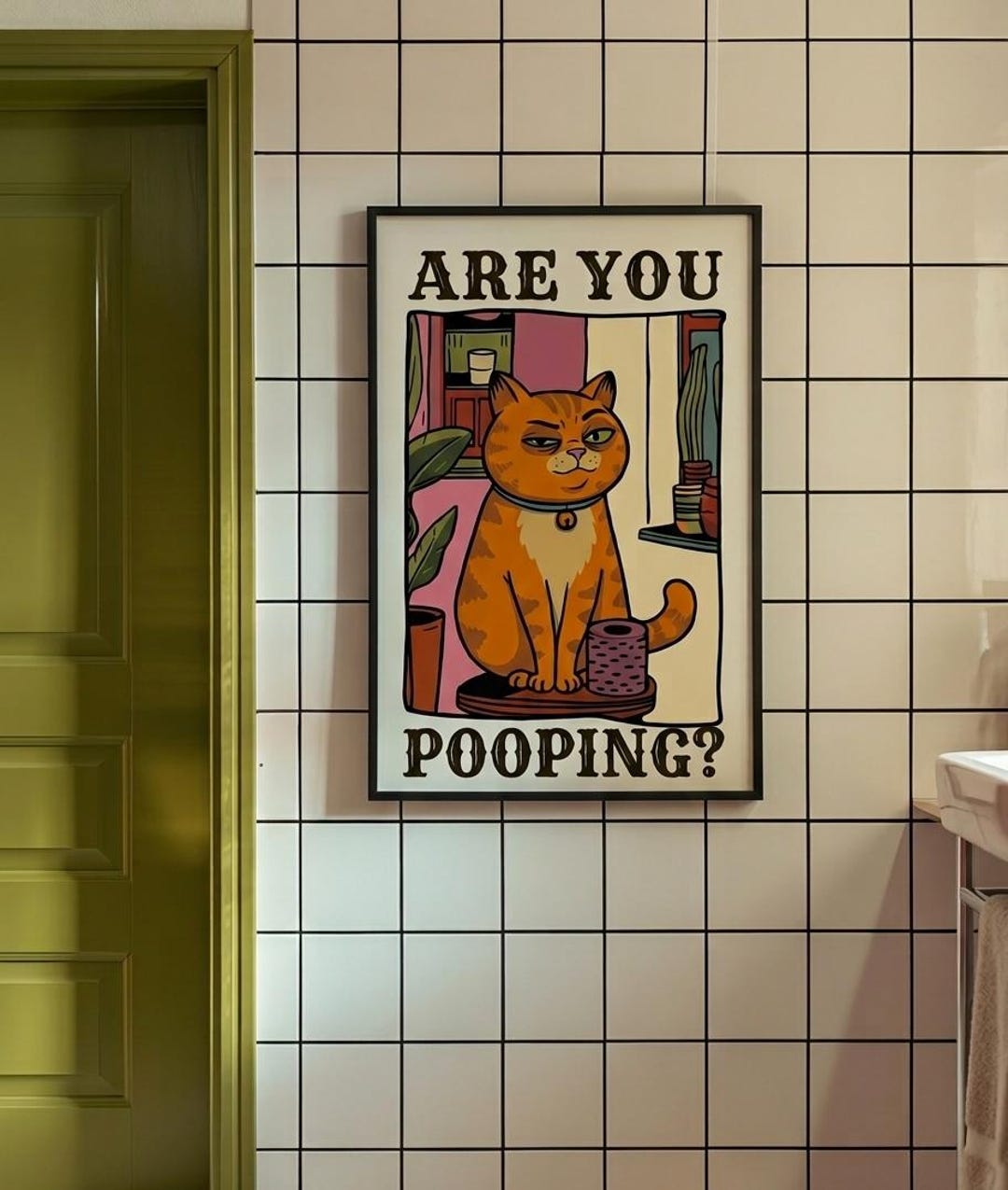 Grumpy Ginger Cat Pooping Print, Retro Sitcom Bathroom Wall Art ...