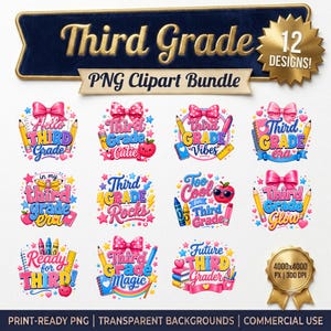 Peut inclure: Un ensemble de cliparts numériques comprenant 12 motifs avec le texte Third Grade. Chaque graphique inclut des fournitures scolaires colorées comme des crayons, des craies et des pommes, agrémentés de nœuds roses et d'étoiles. PNG Clipart Bundle.