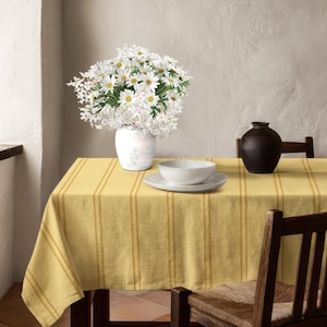 Butter Yellow Stripe Tablecloth - Grain Sack Dining Table Cover, Summer Kitchen Setting, French Farmhouse Decor, Hostess Gift