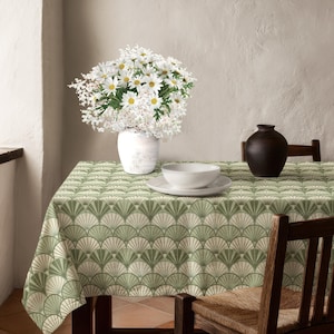 Sage Art Deco Shell Tablecloth - Art Deco Fan Dining Table Cover, Spring Kitchen Setting, Botanical Cottagecore Decor, Hostess Gift