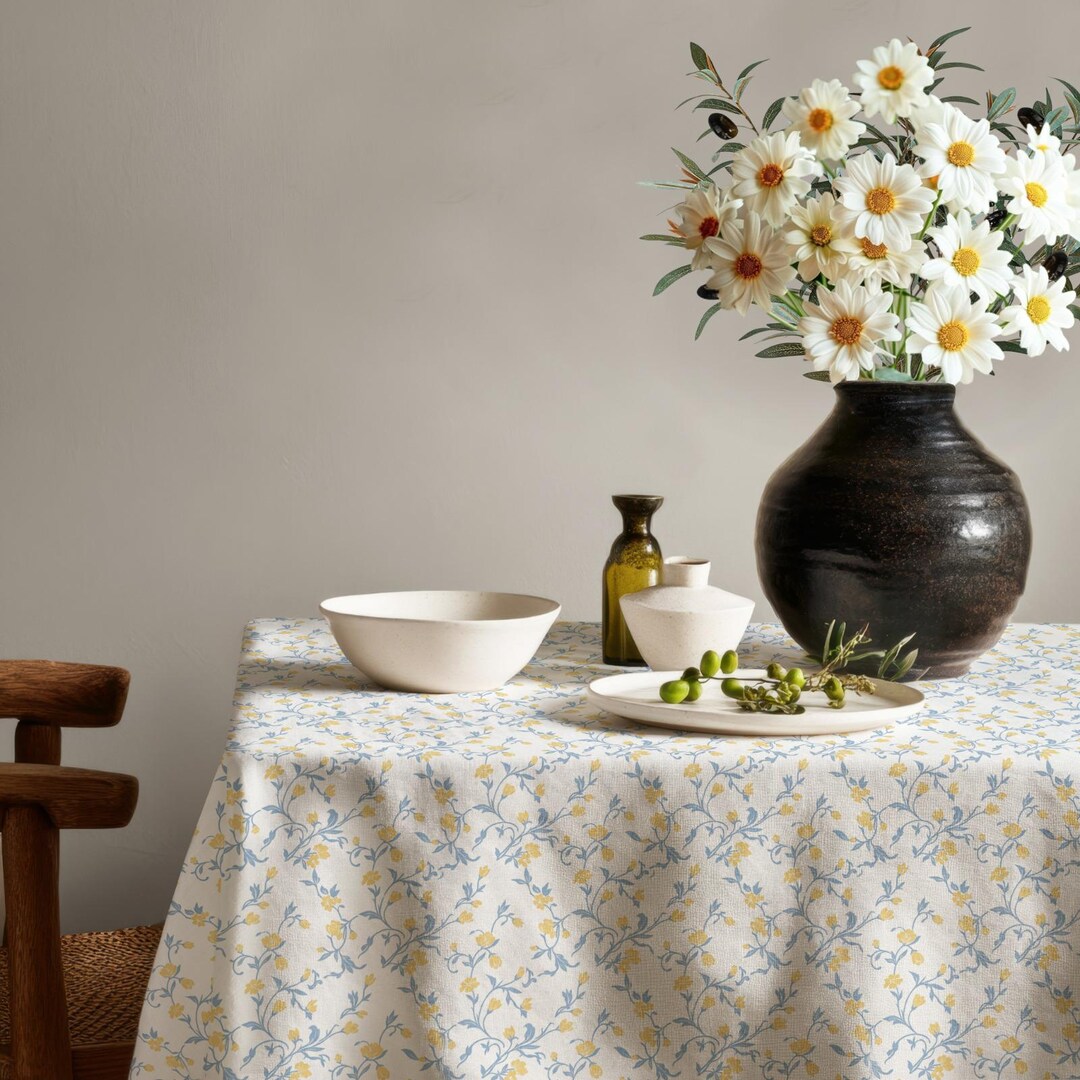 Ditsy Table Setting Blue Yellow Ditsy Floral Tablecloth - Bloom Toss Dining Table Cover ...