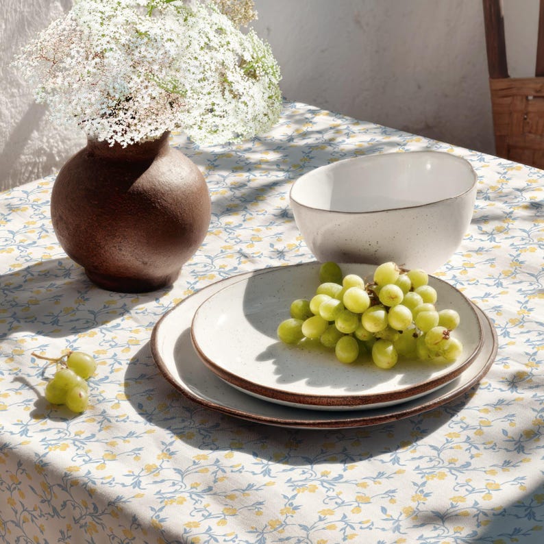 Ditsy Table Setting Blue Yellow Ditsy Floral Tablecloth - Bloom Toss Dining Table Cover ...