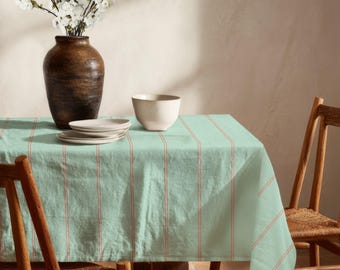 Pale Sage Rose Stripe Tablecloth - Cabana Stripe Dining Table Cover, Spring Kitchen Setting, Cottagecore Coastal Decor, Hostess Gift