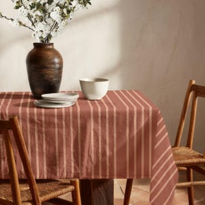 Terracotta Rose Stripe Tablecloth - Cabana Stripe Dining Table Cover, Fall Kitchen Setting, Mediterranean Boho Decor, Hostess Gift