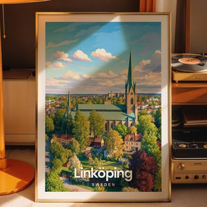 May include: A framed art print featuring a colorful illustration of the Linköping Cathedral in Sweden, surrounded by lush green trees and a blue sky with clouds. The text Linköping Sweden is printed in white at the bottom of the vertical poster.