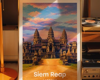 Impressão artística de Siem Reap, pôster da paisagem urbana de Siem Reap, arte da cidade impressa em papel fotográfico.
