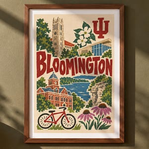 Bloomington colorful linocut style travel print, limestone tower, clock tower courthouse and bicycle