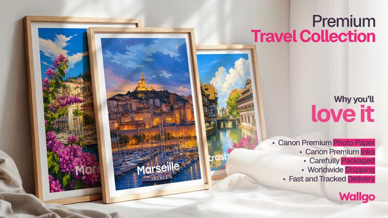 May include: Three framed art prints from a Premium Travel Collection featuring vibrant scenes of Marseille, France. The prints display a harbor with boats, a hilltop basilica at sunset, and a canal-side town, all encased in light wood frames.