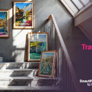 May include: Five framed travel posters featuring colorful illustrations of French cities including Paris, Marseille, Strasbourg, &Eacute;tretat, and Cassis, displayed on a staircase. Each rectangular print is encased in a light wood frame.