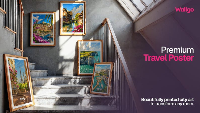 May include: Five framed travel posters featuring colorful illustrations of French cities including Paris, Marseille, Strasbourg, &Eacute;tretat, and Cassis, displayed on a staircase. Each rectangular print is encased in a light wood frame.