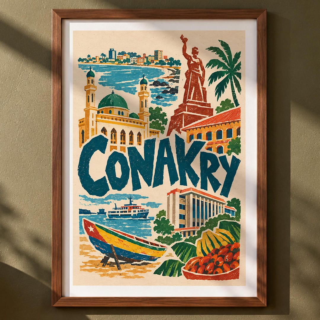 Mosque Colorful Printable Conakry Colorful Linocut Style Travel Print, Domed Mosque, Monument ...