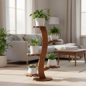 Op de afbeelding: Een bruine houten plantenstandaard met een centrale gebogen stam en vijf ronde planken op verschillende hoogtes. Elke plank bevat een witte keramische pot met een groene plant, wat zorgt voor een gelaagde presentatie voor planten.