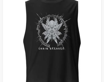 Camiseta sin mangas Chain Breaker Muscle Tank / Seraphim Angel con precisión bíblica / Camiseta cristiana para gimnasio con Isaías 58:6 / Clothed By Creation