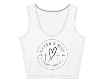 Camiseta sin mangas cristiana para gimnasio para mujer / Camiseta deportiva con espalda cruzada con el lema "Arroz con pollo, Jesús y fe"