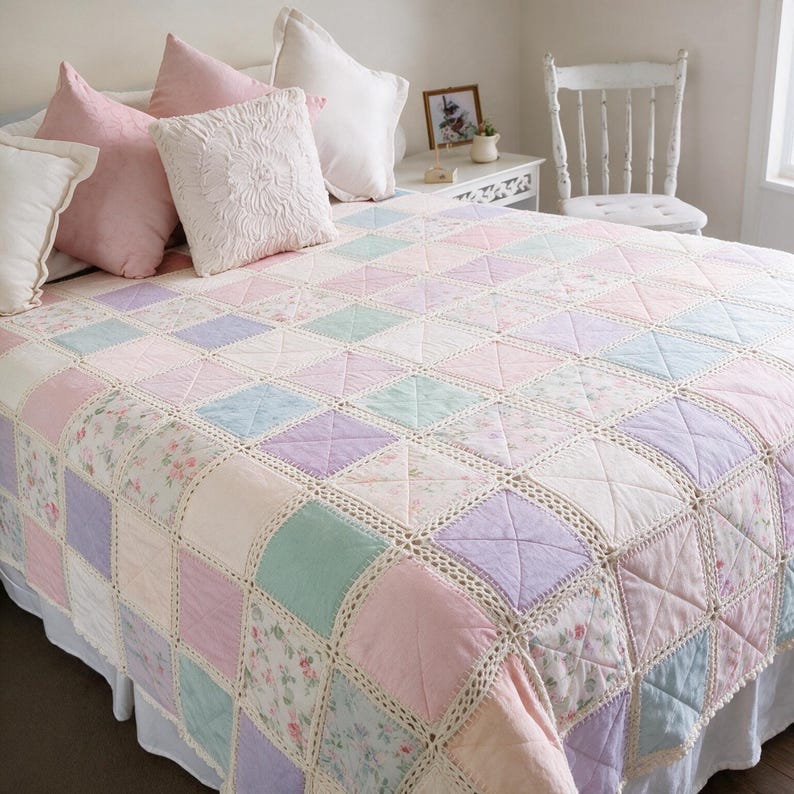 Pu&ograve; includere: Una trapunta patchwork caratterizzata da una griglia di pannelli quadrati in tessuto nelle tonalit&agrave; pastello rosa, blu, verde e lavanda, intervallati da motivi floreali. I quadrati sono uniti da pizzo all'uncinetto color crema.