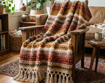 Crochet Blanket Pattern PDF English & French – Desert Bloom Boho Throw, Chunky Bobble Stitch, Fringe (Instant Download)