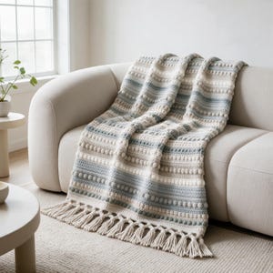 Crochet Blanket Pattern PDF Hand Written English & French – Desert Bloom Boho Throw, Chunky Bobble Stitch, Fringe (Instant Download)