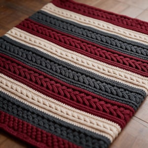 May include: A rectangular knitted blanket featuring alternating vertical stripes in deep burgundy, charcoal gray, and cream. The design incorporates textured cable knit patterns and rows of small bobble stitches, creating a thick, layered appearance.