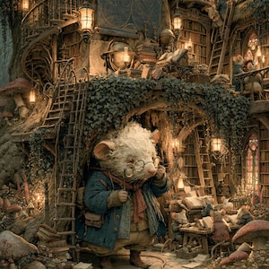 May include: A whimsical illustration of a mouse scholar in a library. The mouse, wearing glasses and a blue coat, stands in a cozy, tree-like structure filled with books, ladders, and lanterns. Other mice are seen reading and studying.
