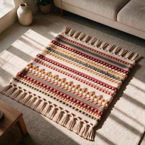 May include: A rectangular crochet throw blanket featuring horizontal stripes in shades of cream, mustard yellow, sage green, and terracotta. The design includes textured bobble stitch rows and is finished with long, cream-colored fringe tassels.