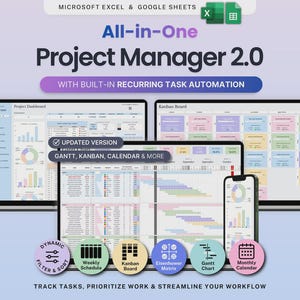 Puede incluir: Gráfico digital que promociona el software "All-in-One Project Manager 2.0". La imagen muestra una computadora portátil, una tableta y un teléfono inteligente que muestran paneles de gestión de proyectos. Las características incluyen diagramas de Gantt, tableros Kanban e integración de calendario. El texto destaca el seguimiento de tareas y la optimización del flujo de trabajo.