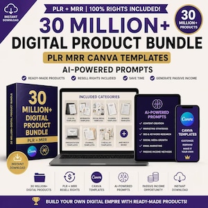 Puede incluir: Un anuncio de paquete de productos digitales con una caja azul oscuro, una computadora portátil con categorías de plantillas, una tableta con prompts de IA y un teléfono con Canva. Texto: 30 MILLION+ DIGITAL PRODUCT BUNDLE.