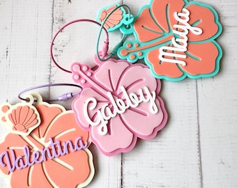 Personalized Hibiscus Bag Tag | Tropical Name Luggage Tag, Beach Backpack Accessory