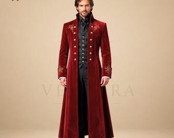 Men's Burgundy Velvet Regency Tailcoat,Victorian Groom Coat, Gothic Wedding Coat,Vampire Coat,Royal Embroidered Tailcoat,Formal Long Coat