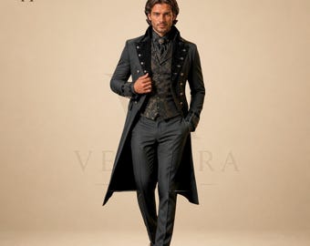 Abito da principe gotico da uomo, frac vittoriano, smoking nero da sposo, abito da sposo steampunk, abito formale da vampiro, realizzato su misura