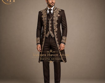 Men's Victorian Tailcoat Suit, Brown Gold Embroidered Wedding Suit, Custom Groom 3 Piece Suit, Steampunk Formal Coat