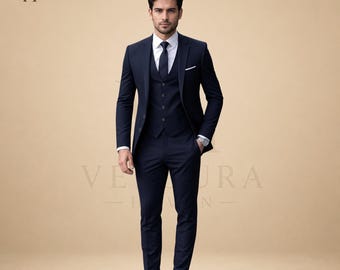 Marineblauer 3-teiliger Herren-Maßanzug, Slim Fit-Hochzeitsabschlussball-Smoking
