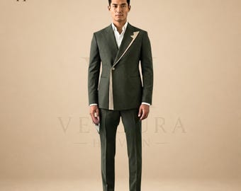Traje de boda verde oliva para hombre, traje asimétrico de diseñador, traje de novio a medida, traje de recepción formal de lujo, ropa de caballero a medida
