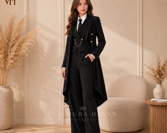 Black Women's Tailcoat Pantsuit,Gothic Formal Suit,Double Breasted Blazer Set,Victorian Tuxedo,Custom Women's  Outfit,Victorian Gothic Suit,
