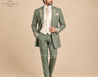 Sage Green Victorian Men's suit, Luxury Groom Wedding Tuxedo , Embroidered 3 Piece Formal Suit, Regency Waistcoat, Custom Bespoke Suit