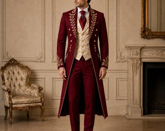 Burgundy Victorian Tailcoat Suit, Gold Embroidered Prince Wedding Tuxedo, Aristocrat Coat