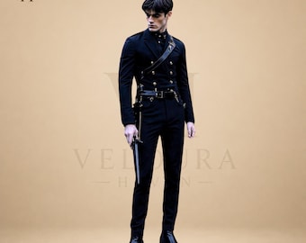 Gothic Menswear Suit Black, Military Harness Outfit, Victorian Gothic Clothing, Dark Fashion Ensemble, Custom Gothic Wedding Suit Men