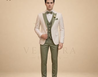 Traje de esmoquin Veloura Sage Royal para hombre, traje de boda a medida para hombre, traje de novio con blazer color marfil, esmoquin ajustado verde salvia para graduación, ropa formal de lujo.