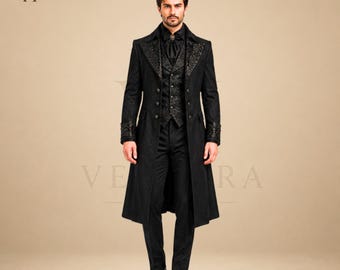 Gotisk viktoriansk ensemble, gotisk frackkostym för män, svart regencybrudrock, steampunkbrudgumsoutfit, aristokratsmoking, specialanpassad formell klädsel