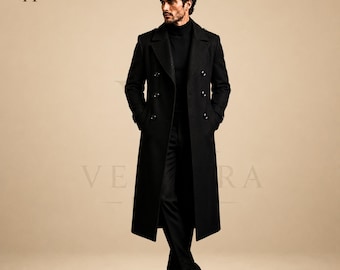 Cappotto da uomo in lana nera, cappotto lungo gotico, trench doppiopetto, cappotto d'ispirazione vittoriana, cappotto gotico, capospalla su misura
