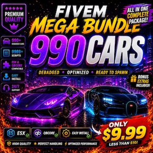 Plus de 1 500 cartes MLO FiveM | Plus de 990 voitures | Bonus de lot de méga scripts | Compatible ESX et QBCore