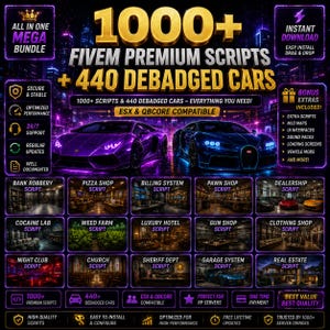 FiveM Scripts Mega Bundle 1000+ Scripts, 440 Debadged Cars (ESX/QBCore)